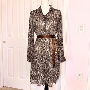 JBS button down collared animal print ribbon belt long sleeve sheer dress sz 10